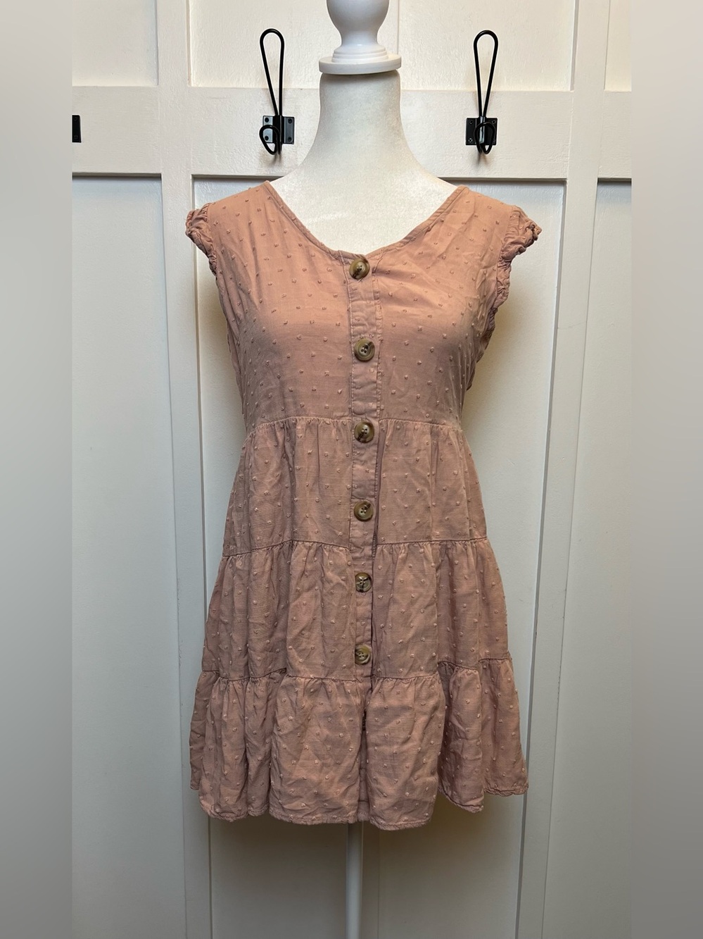 Altar'd State Size Small Blush Pink Tiered Mini Dress Flowy Polka Dot Flutter